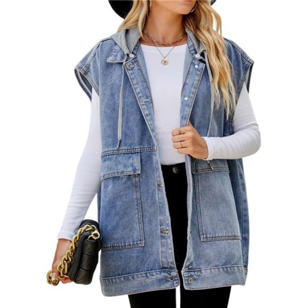 Women's Oversized Denim Vest Mid Long Jean Vest Sleeveless Jackets Vest